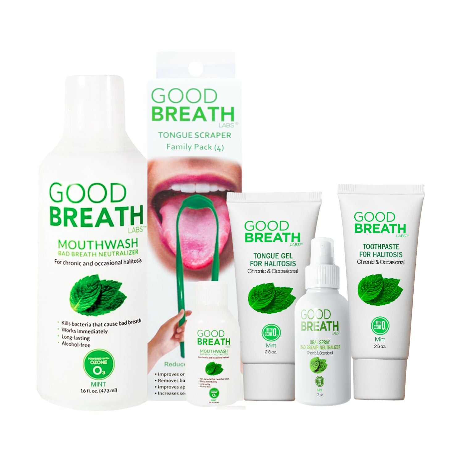 Good Breath Family Pack 7 - Mouthwash Mint Mouth Rinse (16 Oz)+Toothpaste(2,5 Oz)+Tongue Gel(2.5 Oz)+Oral Spray Mint (2 Oz)+ Tongue Scraper + Mouthwash Travel Mint Size 2 fl. oz