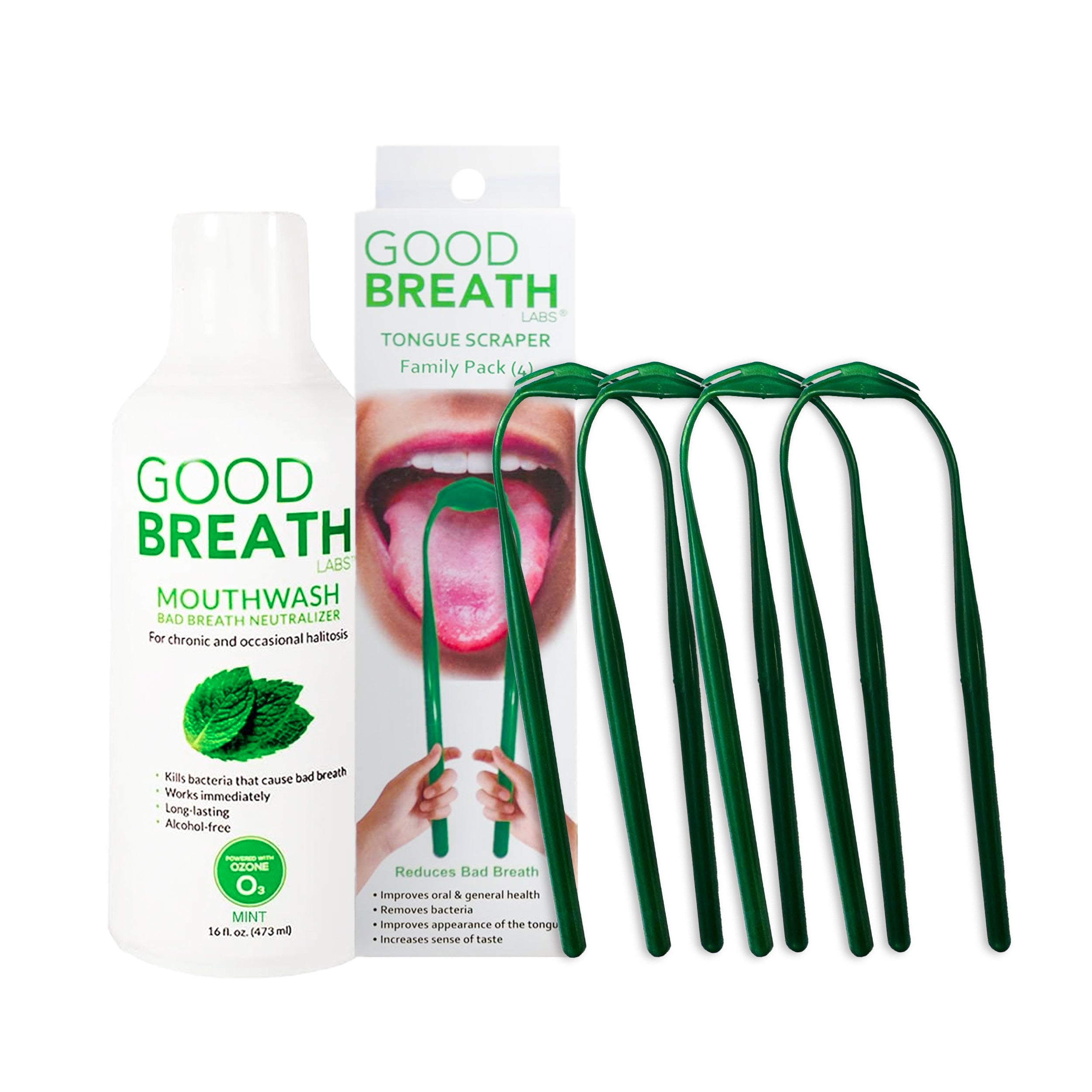 GBL Combo 1- Mouthwash Mint Mouth Rinse (16 Oz) + Tongue Scraper (4 Pack) for Chronic Halitosis
