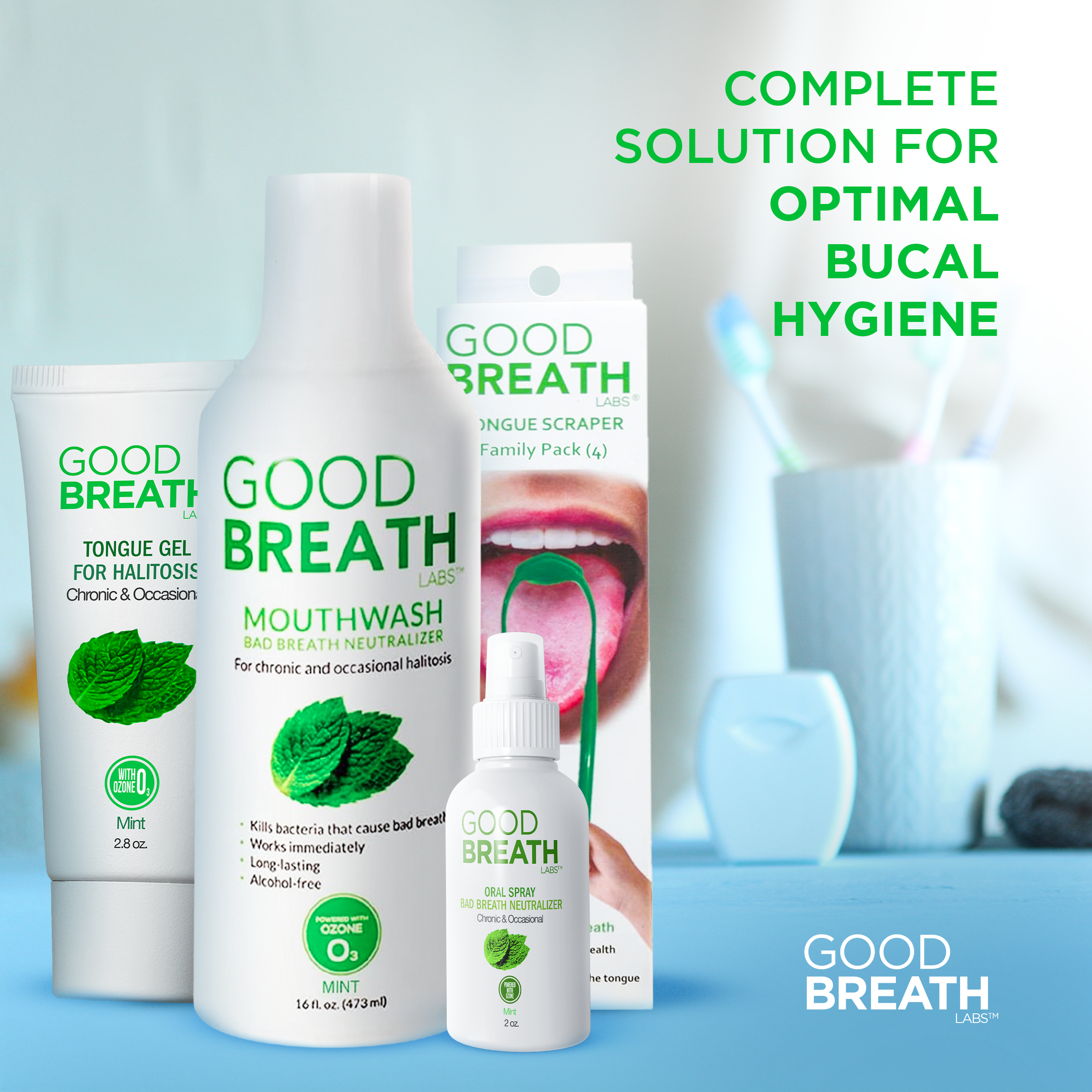 Good Breath Family Pack 5 - Mouthwash Mint Mouth Rinse (16 Oz)+Tongue Scraper(4 Pack)+Tongue Gel(2.5 Oz)+Oral Spray Mint Mouth Rinse (2 Oz)