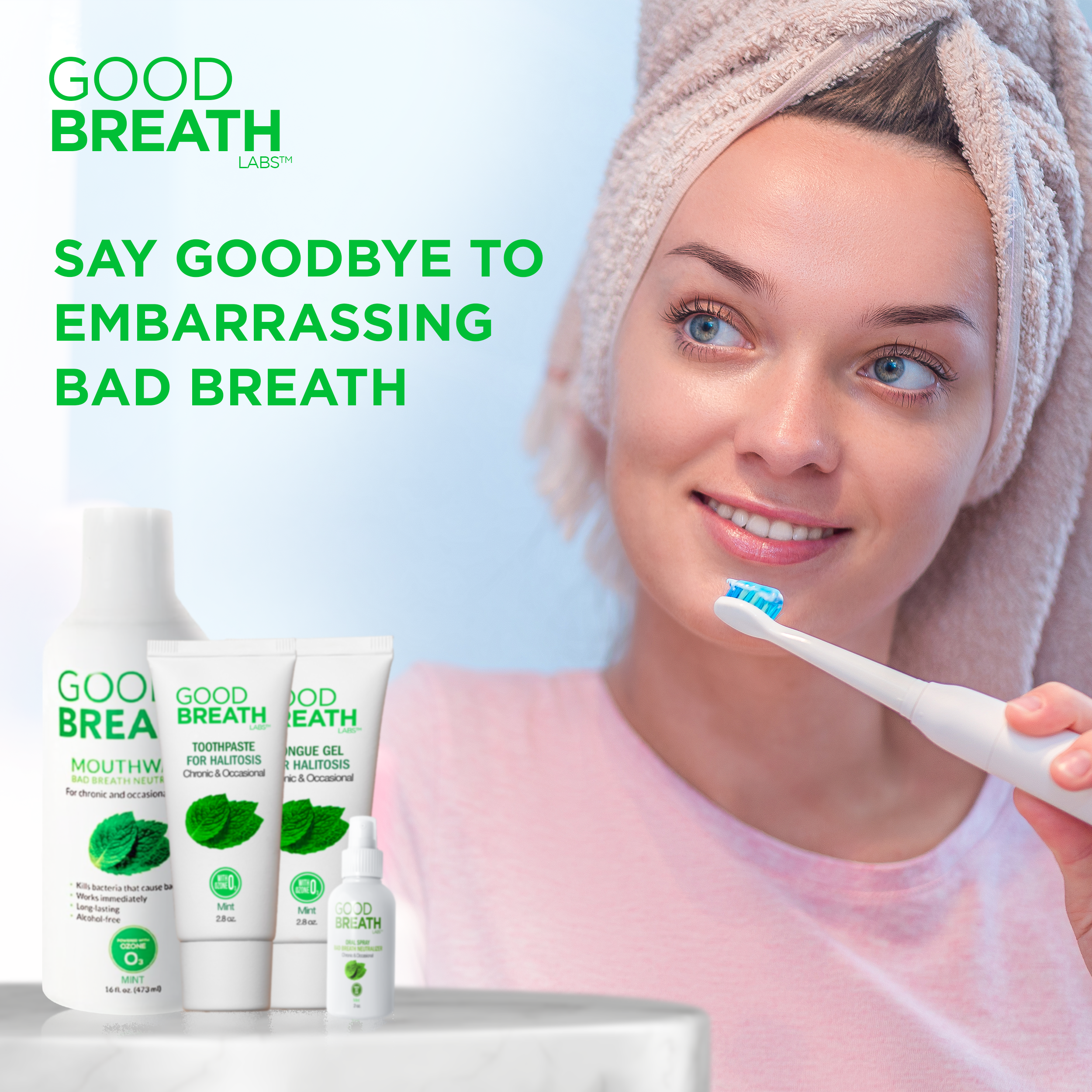 Good Breath Family Pack 6 - Mouthwash Mint Mouth Rinse (16 Oz)+Toothpaste(2,5 Oz)+Tongue Gel(2.5 Oz)+Oral Spray Mint (2 Oz)