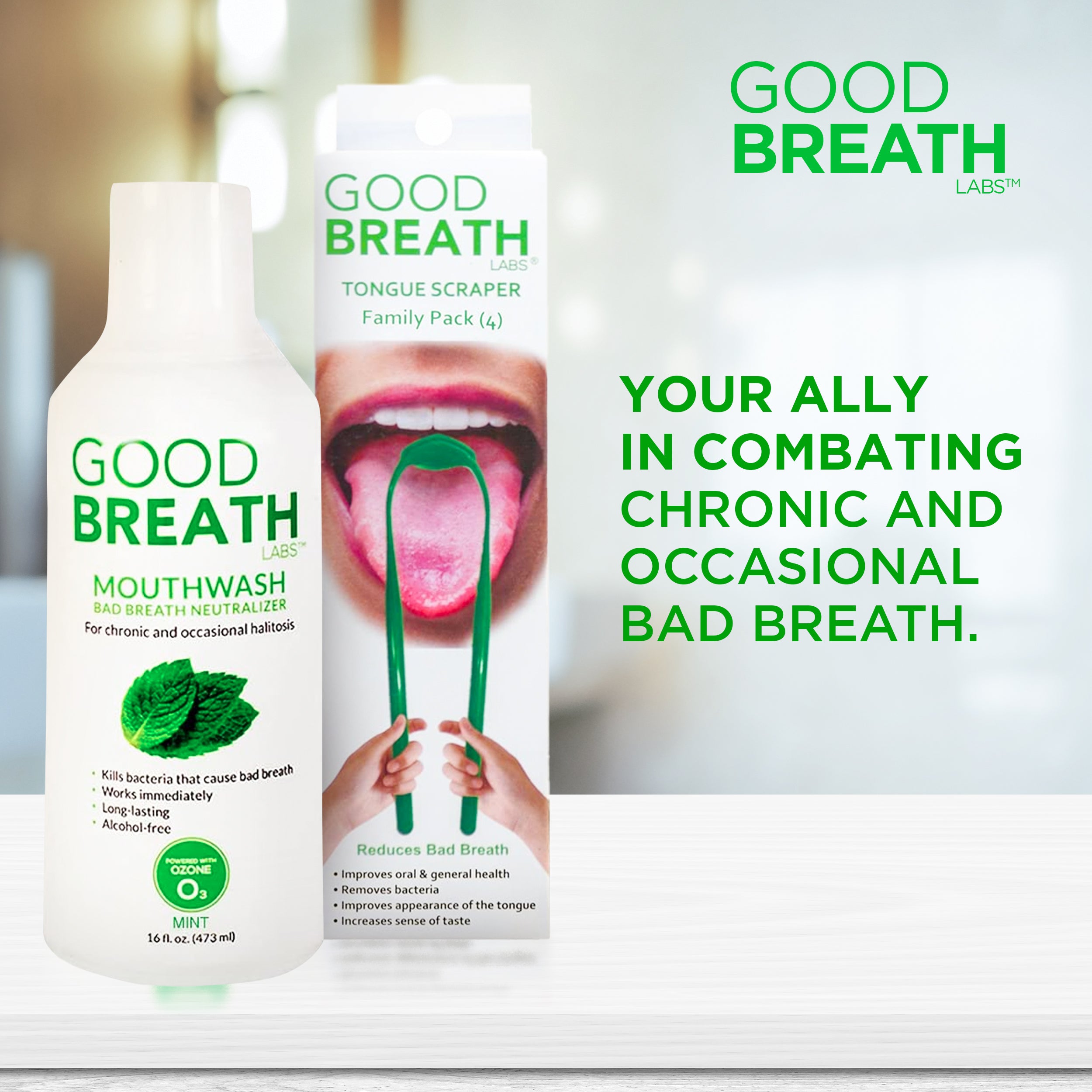 GBL Combo 1- Mouthwash Mint Mouth Rinse (16 Oz) + Tongue Scraper (4 Pack) for Chronic Halitosis