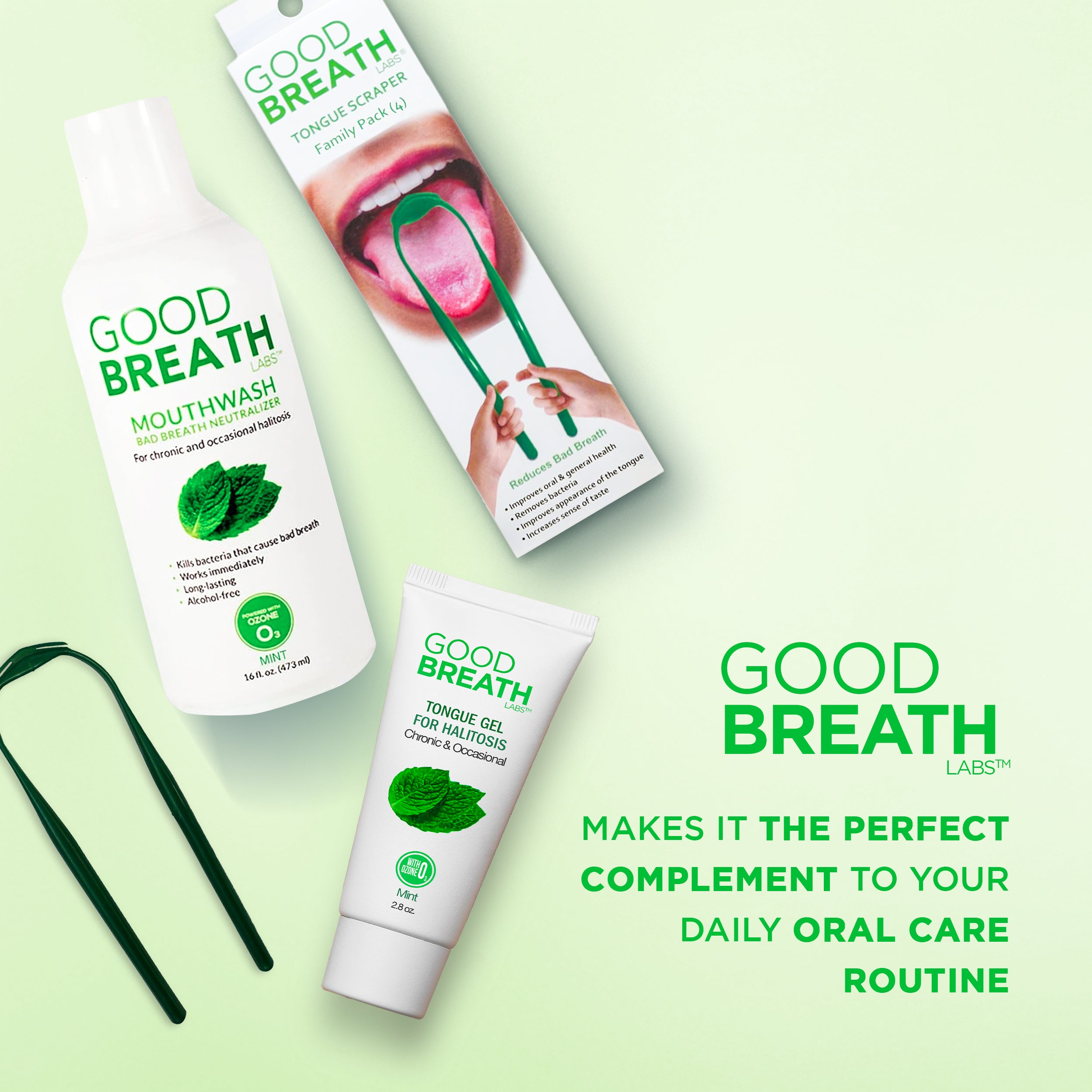 GBL Combo 2 - Mouthwash 16oz Mint, Tongue Scraper, Tongue Gel 2.5 oz.