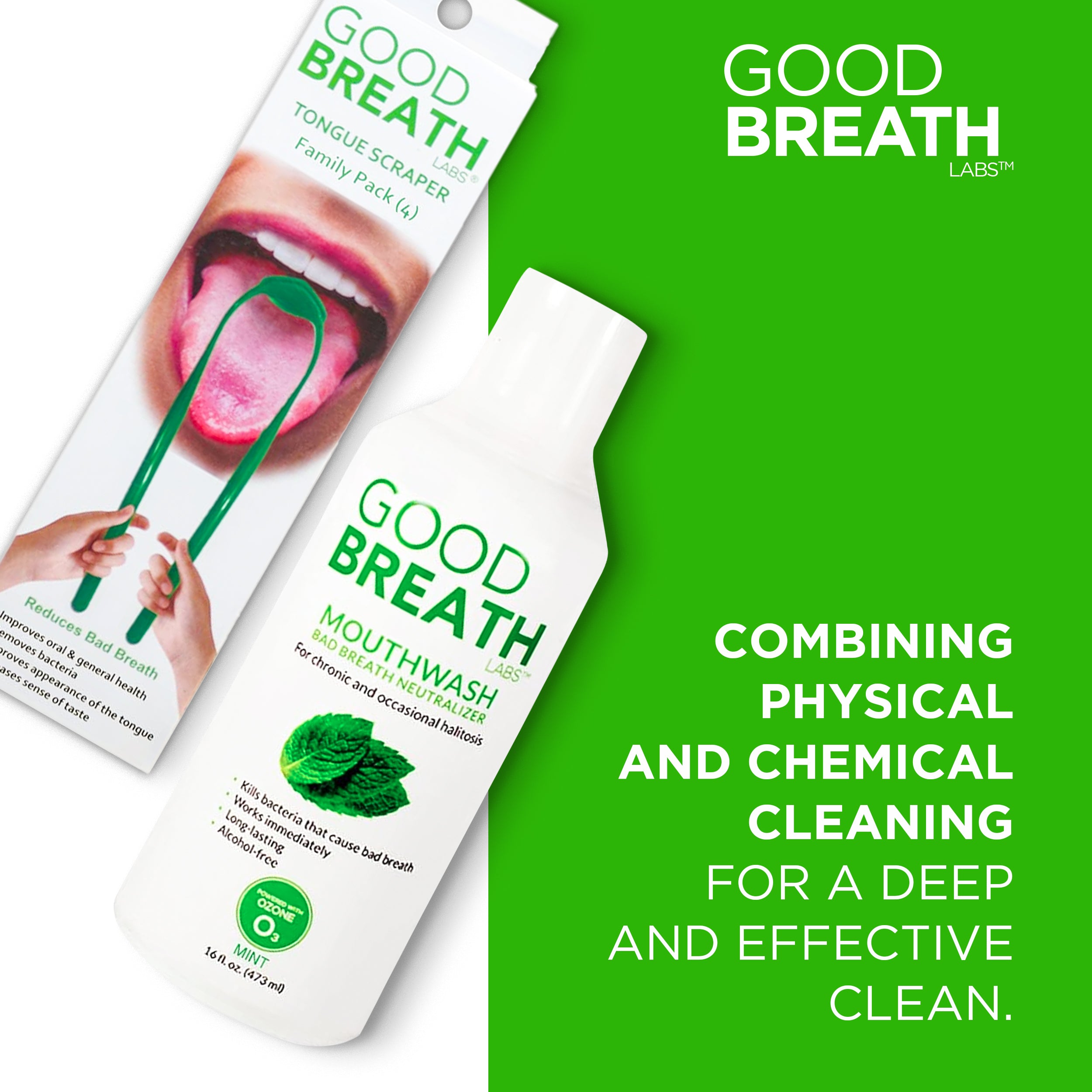 GBL Combo 1- Mouthwash Mint Mouth Rinse (16 Oz) + Tongue Scraper (4 Pack) for Chronic Halitosis