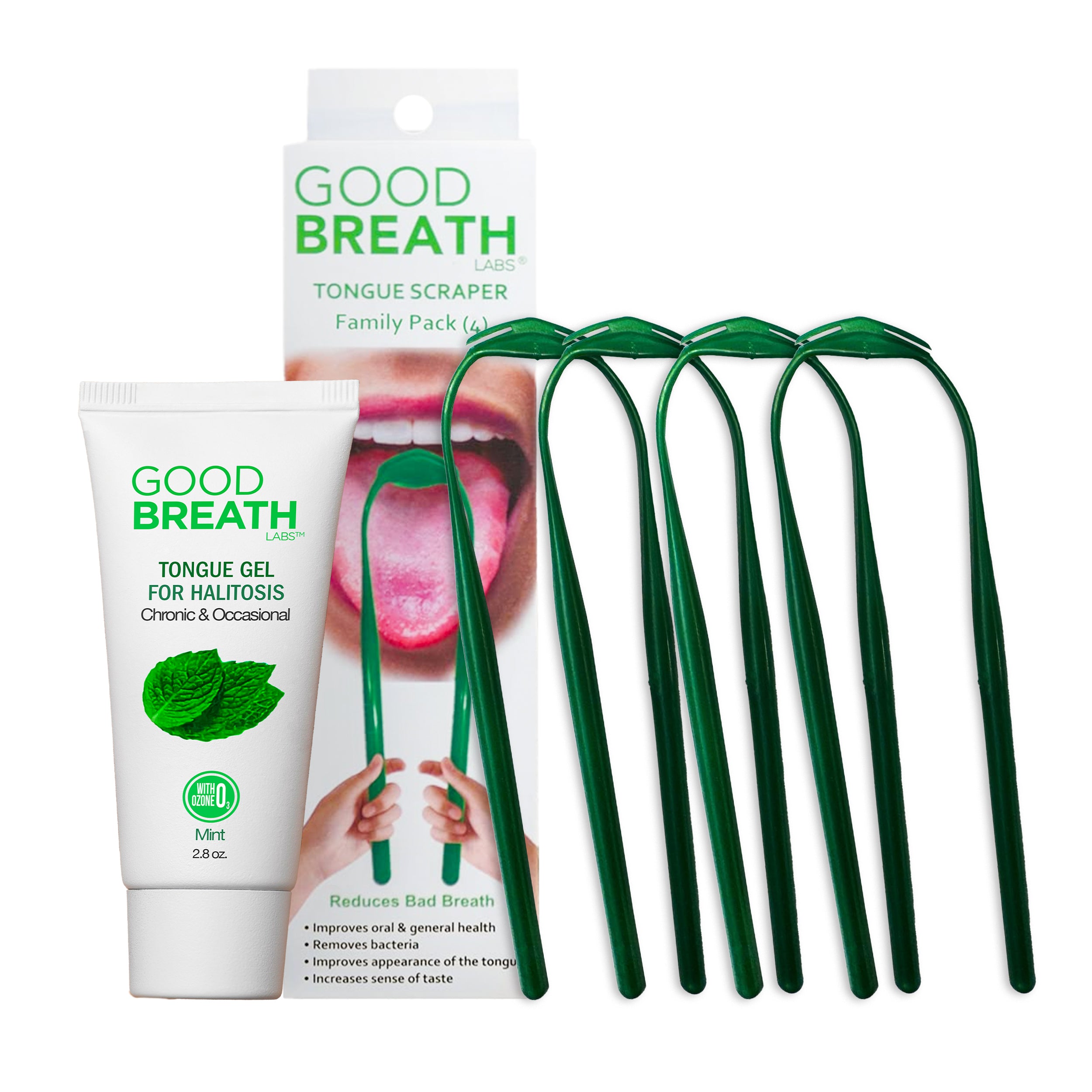 GBL Combo 4- Tongue Scraper (4 Pack) + Tongue Gel (2.5 Oz) to Fight Bad Breath & Chronic Halitosis